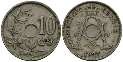 Бельгия 10 сантимов 1927 KM 53 медно-никель 4177-1057