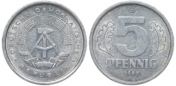 ГДР 5 ПФЕННИГОВ 1983 A КМ 9.2 алюминий 62-435