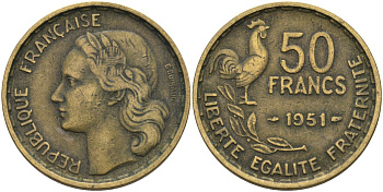Франция 50 франков 1951 тип Guiraud KM 918.1, Le Franc 425.5 алюминиевая бронза 4116-1154