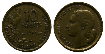 Франция 10 франков 1951 петух KM 915.1, Le Franc 363.4 алюминиевая бронза 261-731