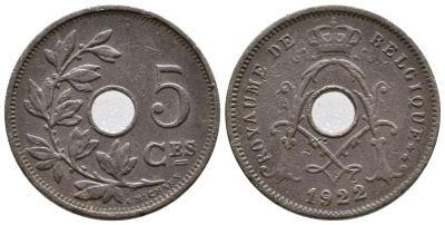 Бельгия 5 сантимов 1922 Belgique KM 66 медно-никель    4608-668