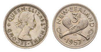 Новая Зеландия 3 пенса 1957 Елизавета II (1952-2022) KM 25.2 медно-никель UNC 4655-213