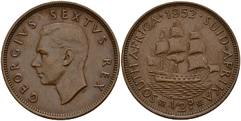 ЮАР 1/2 пенни 1952 Георг VI (1937-1952) KM 33.2 бронза 181-1026