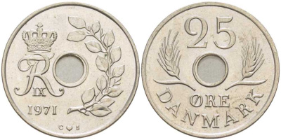 ДАНИЯ 25 ЭРЕ 1971 С; S, ФРЕДЕРИК IX (1947-1972) KM 855.1 медно-никель UNC 94-546