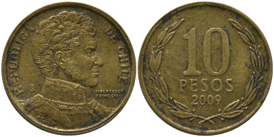 Чили 10 песо 2009 So KM 228.2, Schon 82 алюминиевая бронза 4544-817