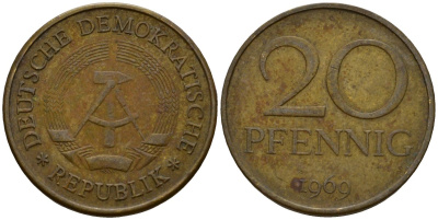 ГДР 20 пфеннигов 1969 А, первый год KM 11 латунь 4601-516
