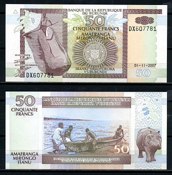 Бурунди 50 франков 2007 1 ноября 2007 Pick 36g бумага UNC (пресс) 6317-29-1-2