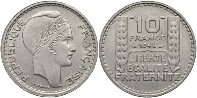 Франция 10 франков 1948 тип Пьер Турин KM 909.1, Le Franc 362.3 медно-никель 4171-215