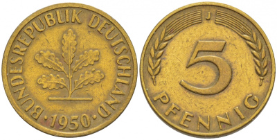ФРГ 5 ПФЕННИГОВ 1950 J KM 107, J.382 сталь плакированная латунью 4396-1628