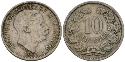 Люксембург 10 сантимов 1901 Адольф (1890-1905) KM 25 медно-никель 4602-436