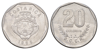 Коста-Рика 20 колонов 1985 KM 216.2 нержавеющая сталь 180-445
