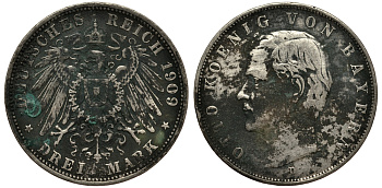 Бавария 3 марки 1909 Отто (1886-1913) Weege 45, J. 47, KM 515 серебро 3711-1845