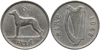 ИРЛАНДИЯ 6 ПЕНСОВ 1948 ИРЛАНДСКИЙ ВОЛКОДАВ KM 13а медно-никель 4387-1055