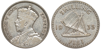 Фиджи 1 шиллинг 1935 Георг V (1910-1936), парусник KM 4 серебро    91-1021