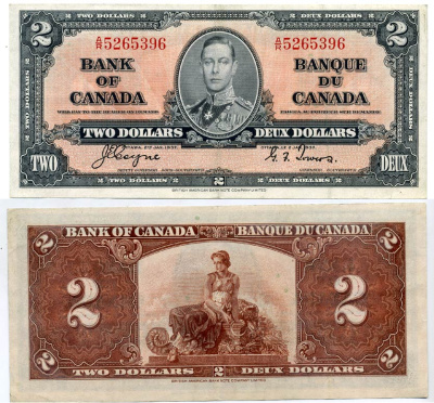 КАНАДА 2 ДОЛЛАРА 1937 ГЕОРГ VI, ПОДПИСЬ COYNE-TOWERS, BABNC Pick 59c бумага XF-UNC 000-00-00