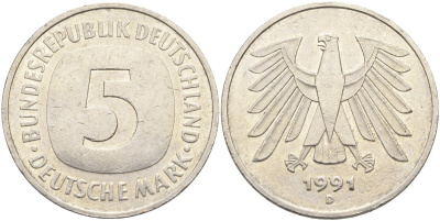 ФРГ 5 марок 1991 D KM 140.1, J.415 медно-никель 4139-126