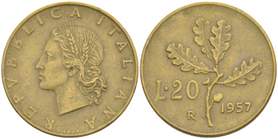 ИТАЛИЯ 20 ЛИР 1957 R, ДУБОВЫЙ ЛИСТ KM 97.1 алюминиевая бронза 73-112