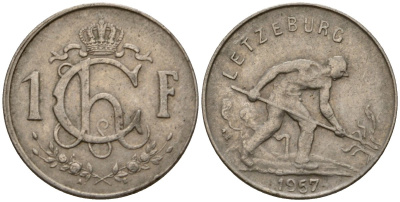 Люксембург 1 франк 1957 Шарлотта (1918-1964), сталевар KM 46.2 медно-никель 4603-1117
