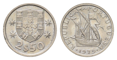 Португалия 2,5 эскудо 1979 парусник KM 590 медно-никель UNC 4708-355