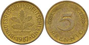ФРГ 5 пфеннигов 1987 D J.382, KM 107 сталь плакированная латунью    4598-1052