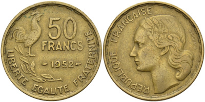 Франция 50 франков 1952 Петух KM 918.1, Le Franc 425.5 алюминиевая бронза 4144-433