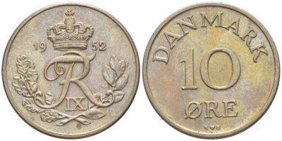 ДАНИЯ 10 ЭРЕ 1952 N;S, ФРЕДЕРИК IX (1947-1972) KM 841,1 медно-никель 201-1213
