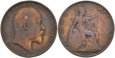 Великобритания 1 пенни 1906 Эдуард VII (1901-1910) KM 794.2, Sp 3990 бронза 4394-141