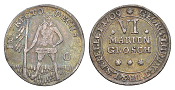 Брауншвейг-Каленберг-Ганновер 6 мариенгрошей 1709 дикарь, Георг I (1698-1727), из коллекции Ричарда Б. Смита KM 11, Welter 2179 серебро 1525-434