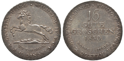 Брауншвейг-Каленберг-Ганновер 16 гутергрошенов 1830 Вильгельм IV (1830-1837) J. 33 a, AKS 66, Kahnt 211 серебро    11-119-51