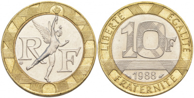 Франция 10 франков 1988 тип гений Бастилии KM 964.1, Le Franc 375.2 биметалл 186-355