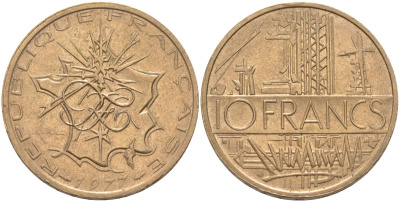 Франция 10 франков 1977 тип Матье KM 940, Le Franc 365.9-10 никель латунь 4394-431