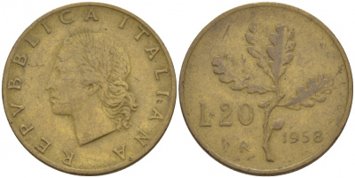 ИТАЛИЯ 20 ЛИР 1958 R, ДУБОВАЯ ВЕТВЬ KM 97.1 алюминиевая бронза 4548-314