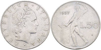 ИТАЛИЯ 50 ЛИР 1957 R, БОГ ОГНЯ ВУЛКАН У НАКОВАЛЬНИ, РЕДКИЙ ГОД KM 95.1 нержавеющая сталь 4551-335