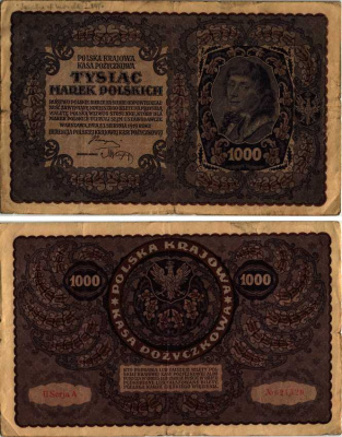 ПОЛЬША 1000 МАРОК 1919 23 АВГУСТА 1919, ТРЕТИЙ ВЫПУСК, ПОРТРЕТ КОСТЮШКО Pick 29 бумага VF 8607-24-1