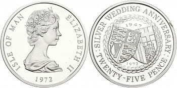 Остров Мэн 25 пенсов 1972 25 лет свадьбы Елизаветы II и Филиппа, гербы KM 25a серебро PROOF 02-012-32