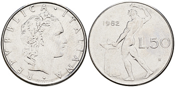 Италия 50 лир 1982 R, кузнец KM 95.1 нержавеющая сталь    4153-232