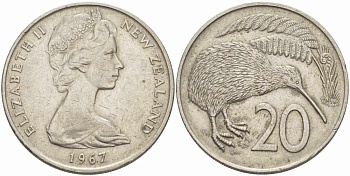 Новая Зеландия 20 центов 1967 Елизавета II (1952-2022), птичка киви KM 36.1 медно-никель 109-443