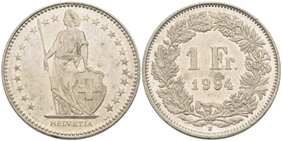 ШВЕЙЦАРИЯ 1 ФРАНК 1994 В KM 24а.3 медно-никель 4544-453