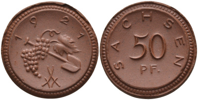 Саксония 50 пфеннигов 1921 виноград и лопата J. N 54 фарфор 1094-5-11