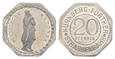 Нюрнберг трамвайный (транспортный) жетон в 20 пфеннигов ND (1920-1921) Нюрнбергская Мадонна Men05 19256.27, Men18 24102.27 алюминий UNC 4638-315