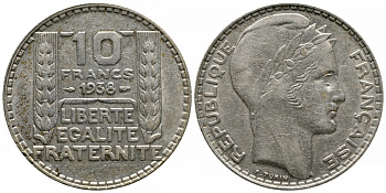 Франция 10 франков 1938 Пьер Тюрен KM 878, Le Franc 360.9 серебро 413-2825