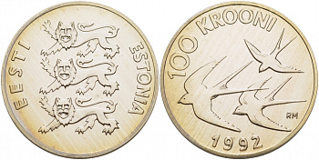 Эстония 100 крон 1992 ласточки KM 27 серебро PROOF 1068-2-53