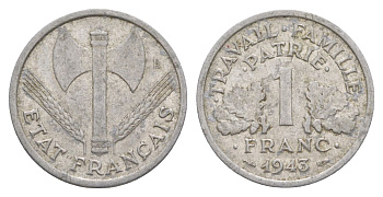 Франция 1 франк 1943 LB, тип LOURDE, правительство Виши KM 902.1, Le Franc 223.3 алюминий 4631-524