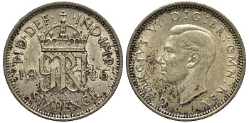 Великобритания 6 пенсов 1946 Георг VI (1936-1952) KM 852, Spink 4084 серебро 4538-622