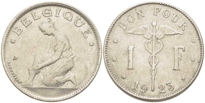 Бельгия 1 франк 1923 Belgique, Альберт I (1909-1934) KM 89 никель 202-915