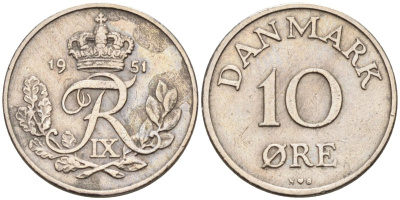Дания 10 эре 1951 N; S, Фредерик IX (1947-1972) KM 841 медно-никель 4594-425