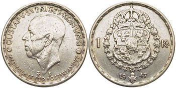 Швеция 1 крона 1947 TS, Густав V (1907-1950) KM 814 серебро 119-1126