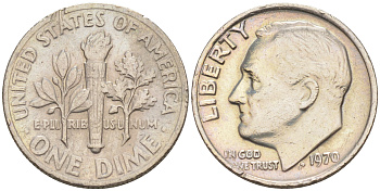 США 10 ЦЕНТОВ = 1 ДАЙМ 1970 РУЗВЕЛЬТ KM 195a медь плакированная медно-никелем 187-1046