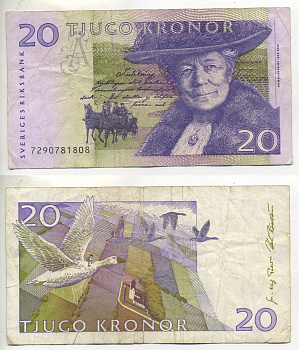 ШВЕЦИЯ 20 КРОН 1997 СЕЛЬМА ЛАГЕРЛЕФ Pick 63а бумага 7221-13-1