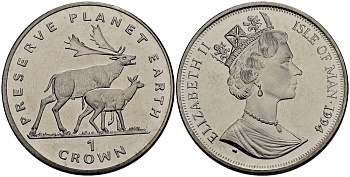 Остров Мэн 1 крона 1994 серия сохраним наш мир, олень и  олененок КМ 387 медно-никель UNC M91-03
